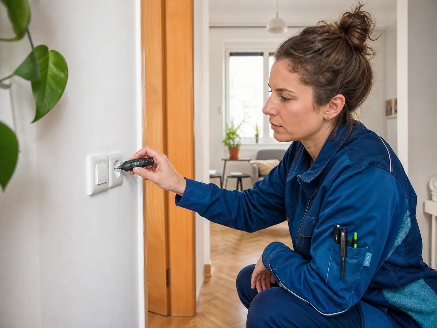 An electrical professional safely checking a wall outlet